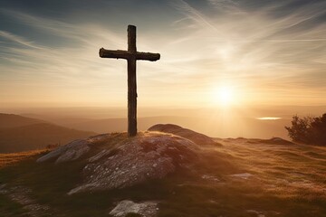 Sunlit hill with Christian cross symbolizing the rising of Jesus - obrazy, fototapety, plakaty
