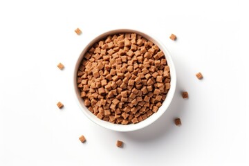 Top view of a white background with pet food in a bowl