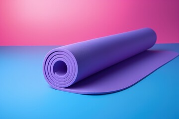 Top view of colorful yoga mat on violet background Sport concept Flat lay