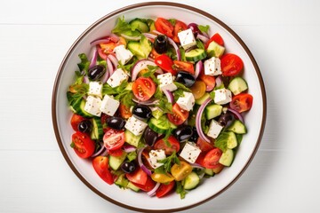 Top view of Greek salad on white background emphasizing nutrition