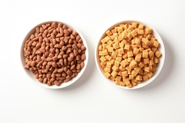 Top view of isolated cat and dog dry food in a white bowl