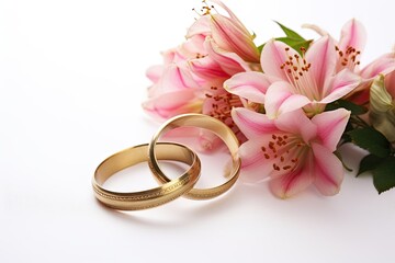 2 gold wedding bands and pink flowers on a white backdrop
