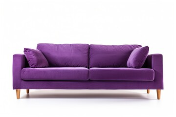 Wooden legs support a purple fabric sofa isolated on a white background It is part of a furniture collection