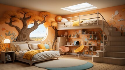 3D rendering of a bedroom with a tree mural and a loft bed