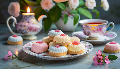A pretty Mothers' Day or Easter high tea with  flowers, delicious petit-four biscuits and a cup of coffee against a textured background.