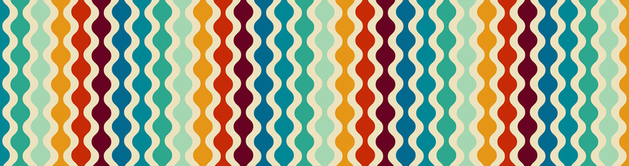 Retro mid century modern background pattern, abstract circle striped design, old vintage colors, mid-century hippie beads hanging, vintage 50s or 60s geometric vector art in blue green red and beige - 704731867