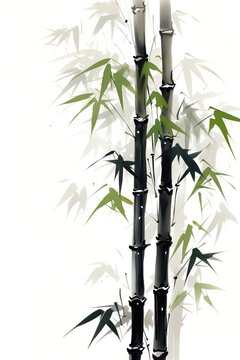Black bamboo stalks with green leaves on a white background