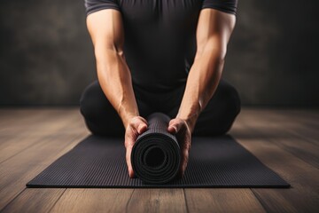 Close up of young man s hands rolling black yoga mat on wooden floor Fitness background with blank space Banner concept - obrazy, fototapety, plakaty