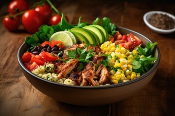 Mexican style chicken salad bowl with rice beans corn tomato avocado and spinach - obrazy, fototapety, plakaty