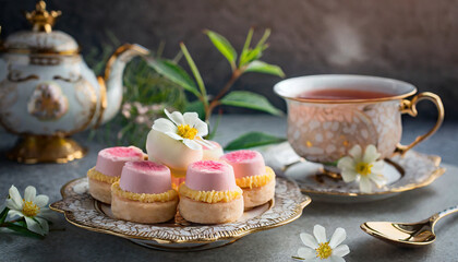 A pretty Mothers' Day or Easter high tea with  flowers, delicious petit-four biscuits and a cup of coffee against a textured background.