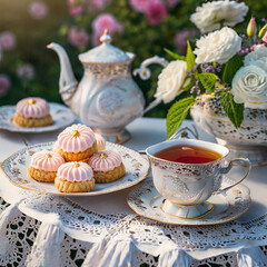 Obraz na płótnie Canvas A pretty Mothers' Day or Easter high tea with flowers, delicious petit-four biscuits and a cup of coffee against a textured background.