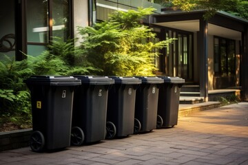 Four black trash cans in front of a house aiding waste separation awaiting collection to help the environment