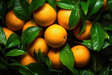 Freshly harvested organic oranges with green leaves seen from above