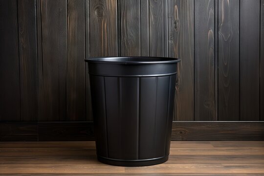 Empty trash can on wooden floor Top view Empty garbage bin banner Garbage basket with plastic package Waste bin on wooden background Trash bin bucket with black