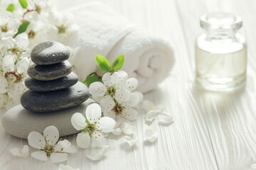 High angle view about beauty treatment items for spa procedures, like massage stones, essential oils and towels, decorate white flowers,  on a white wooden table.