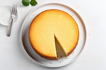 Homemade culinary dessert round vanilla sponge cake or chiffon cake with two cut layers on a white background - obrazy, fototapety, plakaty