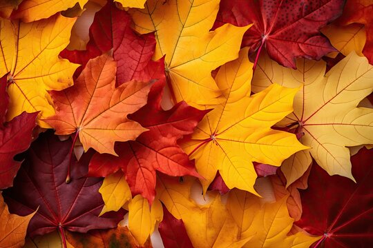High resolution close up of multicolored autumn maple leaves on a vibrant background