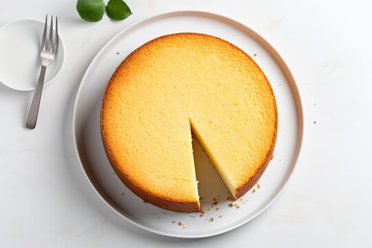Homemade culinary dessert round vanilla sponge cake or chiffon cake with two cut layers on a white background