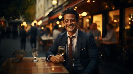 Businessman drinking wine at an outdoor restaurant in Paris. Generative AI - obrazy, fototapety, plakaty