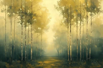 Fototapeten Beautiful Tranquil Forest Landscape Painting, Nature Artwork, Rustic Home Decor, Scenic Oil on Canvas, Modern Art, Camping and Travel Marketing Concept Imagery © Jensen Art Co