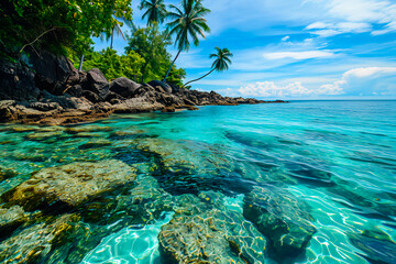 A stunning seascape featuring crystal-clear water, palm trees, coral reefs, and a luxurious vacation resort, encapsulating the essence of a summer getaway.