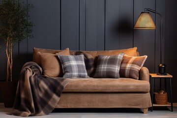 Living room design idea Cozy sofa pillow plaid and light wall