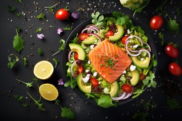 Lunch idea Fresh salmon salad with avocado and creamy mascarpone cheese perfect for food photography and recipe inspiration - obrazy, fototapety, plakaty