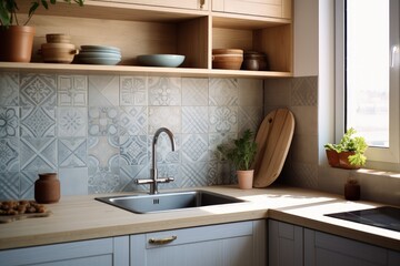Fototapeta na wymiar Modern small kitchen with sink near window wooden cabinets gas stove kettle and patterned wall tiles