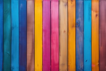 Multicolored boards with a rainbow of colors form a vibrant modern fence with wooden texture - obrazy, fototapety, plakaty