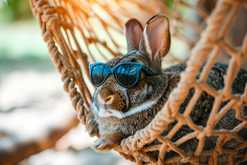 A laid-back rabbit peacefully napping on a hammock with sunglasses, capturing the essence of a summer day at a beach resort.