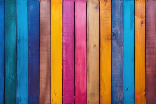 Multicolored boards with a rainbow of colors form a vibrant modern fence with wooden texture