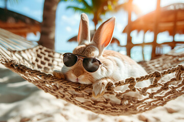 A laid-back rabbit peacefully napping on a hammock with sunglasses, capturing the essence of a summer day at a beach resort.