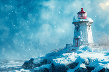 A seafront lighthouse encased in thick snow and ice, portraying a winter seasonal scene.