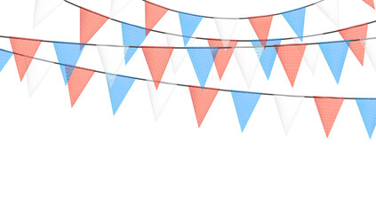Obraz premium Red and blue bunting garlands with flags made of shredded pieces of fabric. Decorative multicolored party pennants for festival, party celebration.