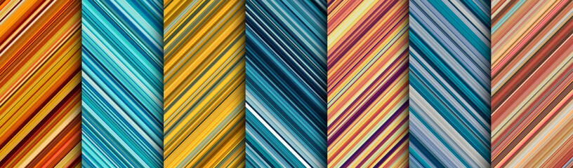 Detailed striped geometric patterns composed of big amount of thin blue and orange stripes. - obrazy, fototapety, plakaty