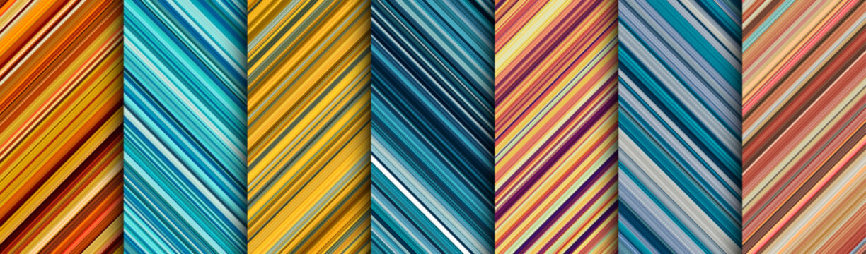 Detailed striped geometric patterns composed of big amount of thin blue and orange stripes.