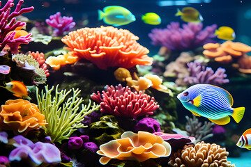 Naklejka na ściany i meble A beautiful water aquarium with colorful fish and 3D wallpap generative ai