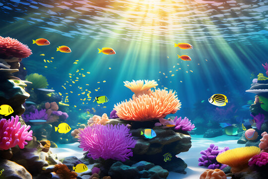 A beautiful water aquarium with colorful fish and 3D wallpap generative ai