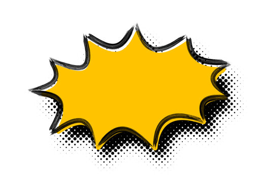 Yellow comic cartoon explosion speech bubble on halftone shadow.