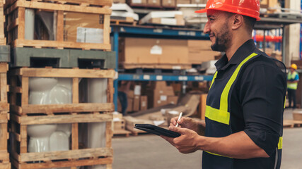 Close up Hispanic men hands using pen touch smart tablet Warehouse management logistics counting...