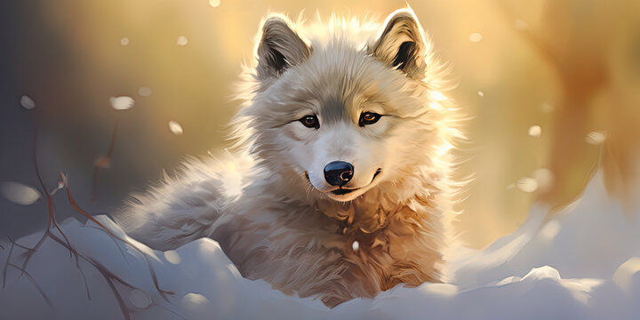 a cute baby white wolf is walking around in the snow, generative AI