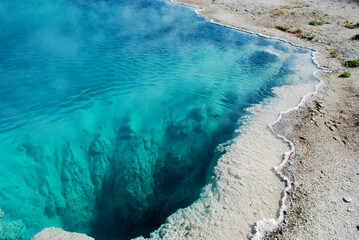 Spectacular panoramic views of West Thumb Geyser Basin in Yellowstone National Park, Wyoming Montana. Yellowstone Lake. Great hiking. Summer wonderland to watch wildlife and natural landscape. Geother