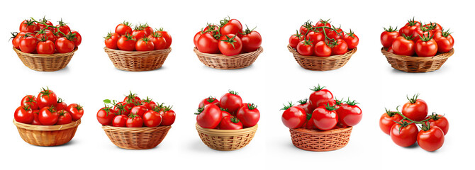 Set of  photorealistic image of a basket of tomatoes isolate on transparency background png  - obrazy, fototapety, plakaty