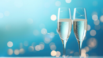 Elegant champagne flutes filled with bubbly champagne on a dreamy blue bokeh background with soft lighting.