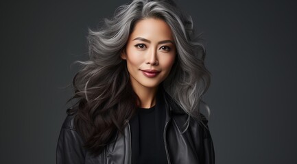 Fototapeta na wymiar Elegant Asian woman with gray hair wearing a black leather jacket