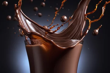 Fotobehang Floating hot liquid chocolate splash in a dark background for advertisement. AI generated. © Sajid