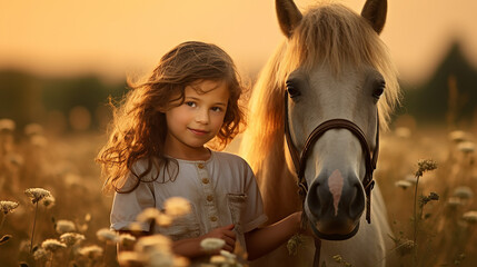 Obraz premium cute little girl with her horse on a lovely meadow