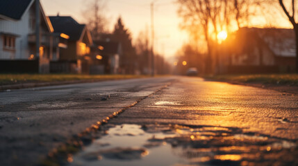 The warm glow of sunset reflects on the wet surface of a suburban street, creating a tranquil evening atmosphere. - obrazy, fototapety, plakaty
