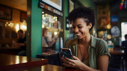 smiling girl looking at her phone screen