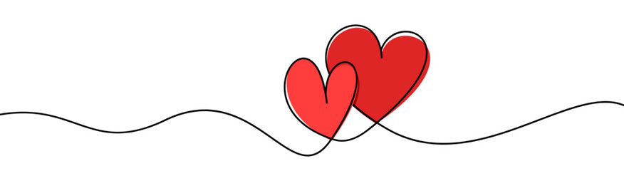 Two red hearts continuous wavy line art drawing on white background.